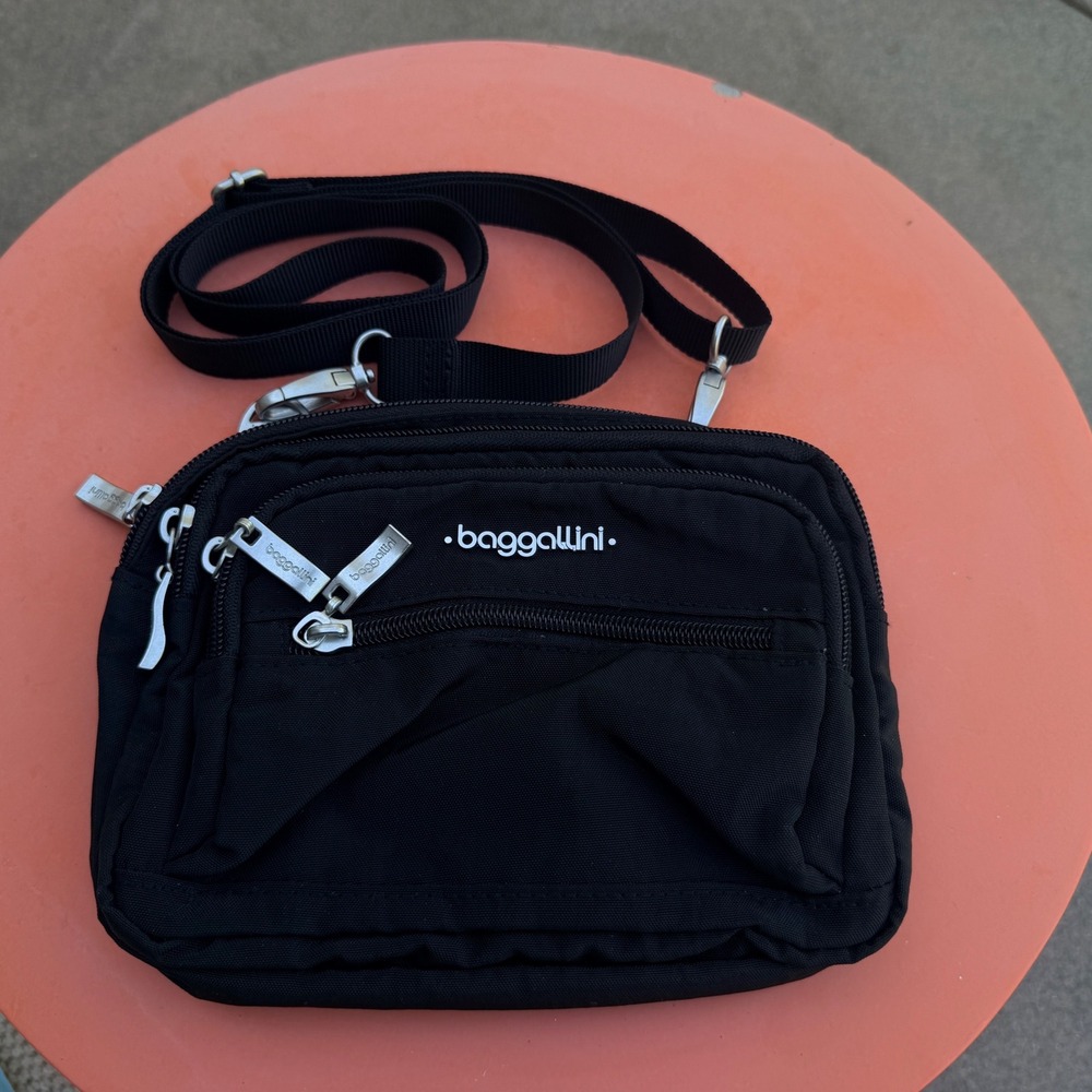 Baggallini Small Crossbody Bag Black Triple Zip Travel Pouch Nylon Organizer